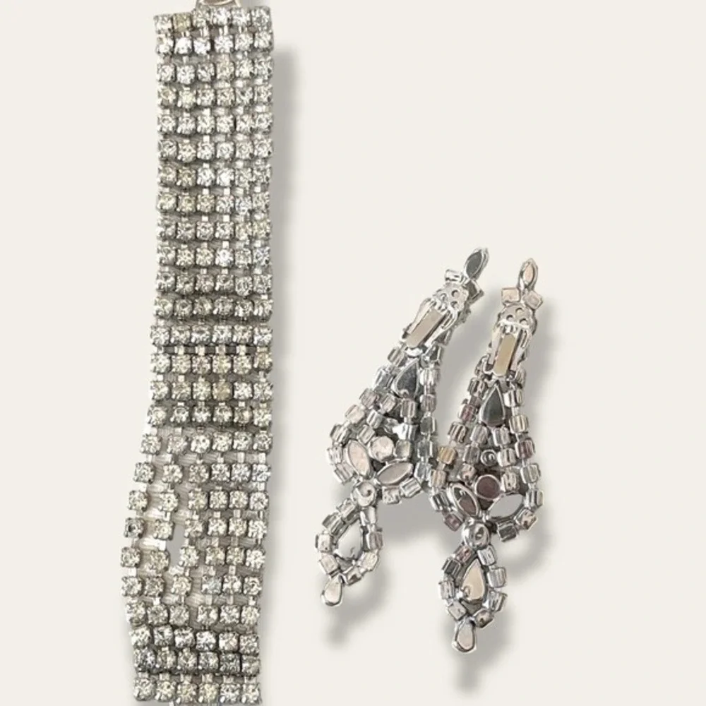 Vintage 60s Demi-Parure Set of Rhinestone Chandelier Earrings & Tennis Bracelet